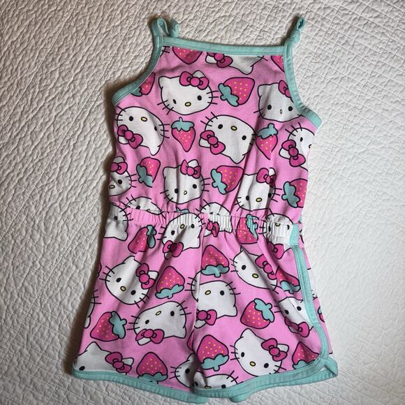 Hello Kitty Girls' Sleeveless Romper Pink Strawberry Print Teal Trim Sz LG 10/12 - Picture 2 of 3